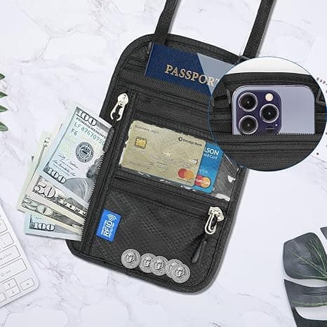 Olkalaukku mobiilille, RFID-suojattu matkalompakko - vedenpitävä passikotelo kaulakorulla merensininen