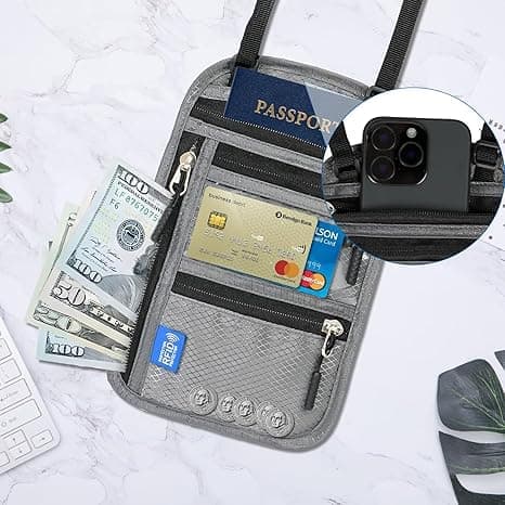 Olkalaukku mobiilille, RFID-suojattu matkalompakko - vedenpitävä passikotelo kaulakorulla merensininen