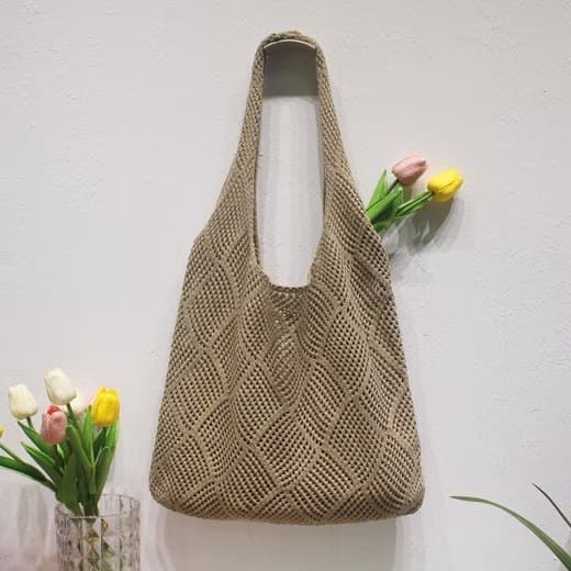 Lollanda Strandväska Dam Stickad Nätväska 39x61 cm, Väska till Strand - Boho Axelväska