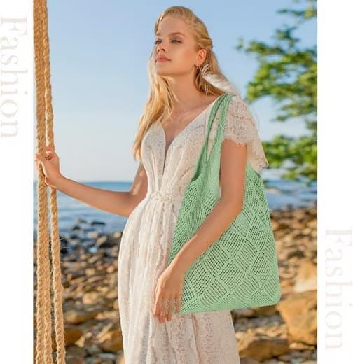 Lollanda Strandväska Dam Stickad Nätväska 39x61 cm, Väska till Strand - Boho Axelväska