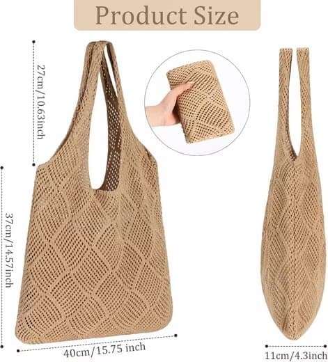 Lollanda Strandväska Dam Stickad Nätväska 39x61 cm, Väska till Strand - Boho Axelväska