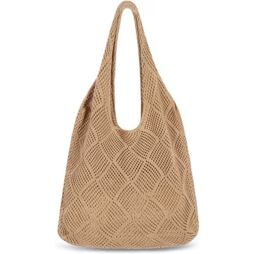Lollanda Strandväska Dam Stickad Nätväska 39x61 cm, Väska till Strand - Boho Axelväska Ljusbrun