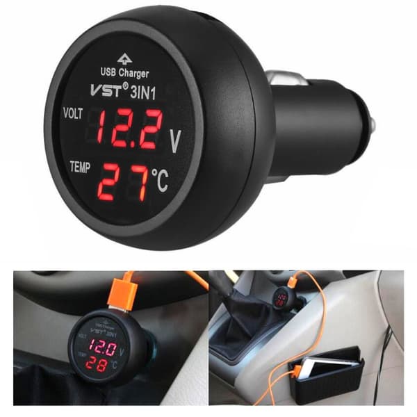 3-i-1 USB-billaddare med voltmätare och temperaturmätning