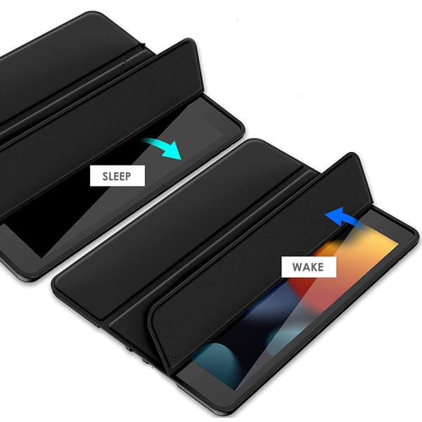 Trifold kotelo jalustalla iPad 9,7" Gen 5 / 6 -laitteille - musta