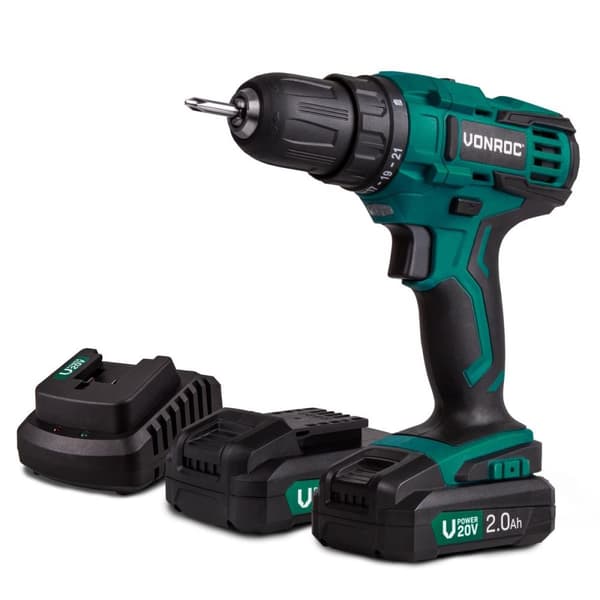 VONROC Bore-/skruemaskine 20V | Inkl. 2x 2.0Ah akku og oplader