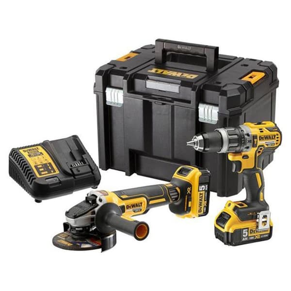 Paket med 2 18V XR-verktyg (DCD796 + DCG405) + 2 5Ah-batterier + laddare + T-STAK-låda - DEWALT