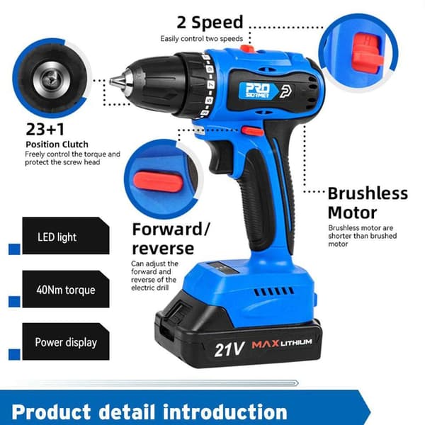 21V miniborstlös borrmaskin kit, 40NM uppladdningsbar skruvmejsel sats