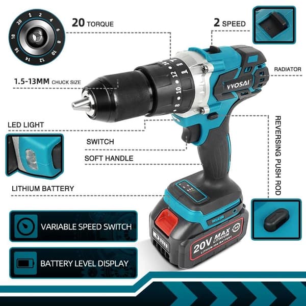 3-i-1 20V 2.0AH 115N.m sladdlös borstlös elektrisk borrmaskin med 2 batterier/tillbehör, elektrisk skruvmejsel med LED-ljus, 2 hastigheter