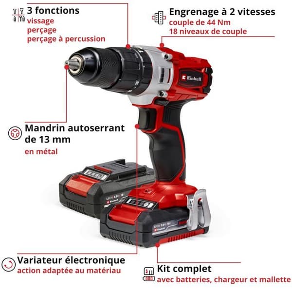 Sladdlös slagborrskruvmejsel - Einhell - TE-CD 18/2 Li-i +64 - 2 batterier - 18V - 13mm - Betong