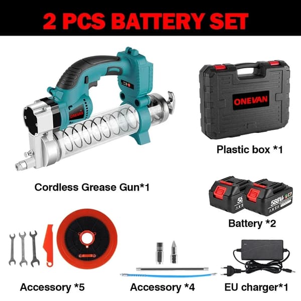 Elektrisk smörjpistol, 960W borstlös motor, 69Mpa tryck med 2 batterier och tillbehör.,2 Batteri EU-kontakt