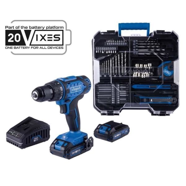 SCHEPPACH borrskruvmejsel - 20V IXES - 50 Nm 13mm chuck + 2 batterier + laddare + 74 tillbehör + Box - C-DTB74/2-X