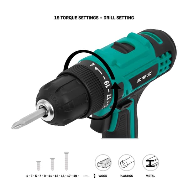VONROC Bore- /skruemaskine 20V | 19 momentindstillinger | Inkl. 4.0Ah Akku og oplader