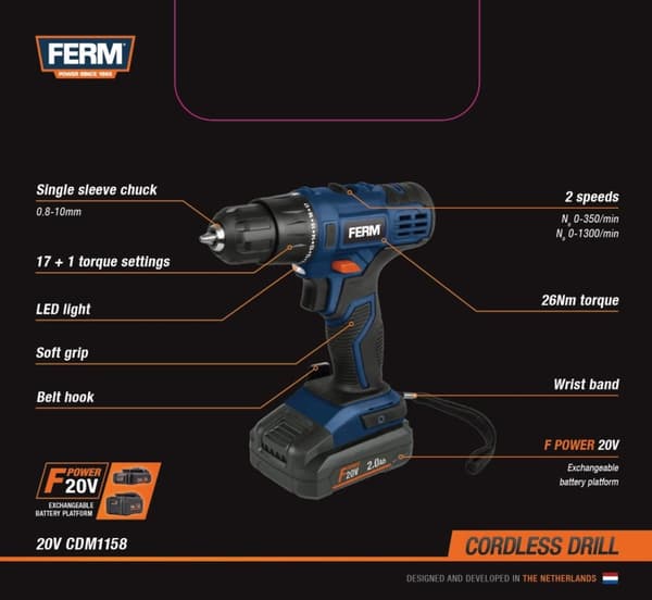 FERM CDM1158 Akku boremaskine - 20V - 2.0Ah - med Akku og oplader - i kuffert - DYI