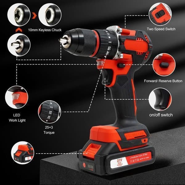 21V sladdlös borrmaskin OUTIGO-2*1500mAh batterier-500W Motor-LED-2 hastigheter-27 gör-det-själv-tillbehör