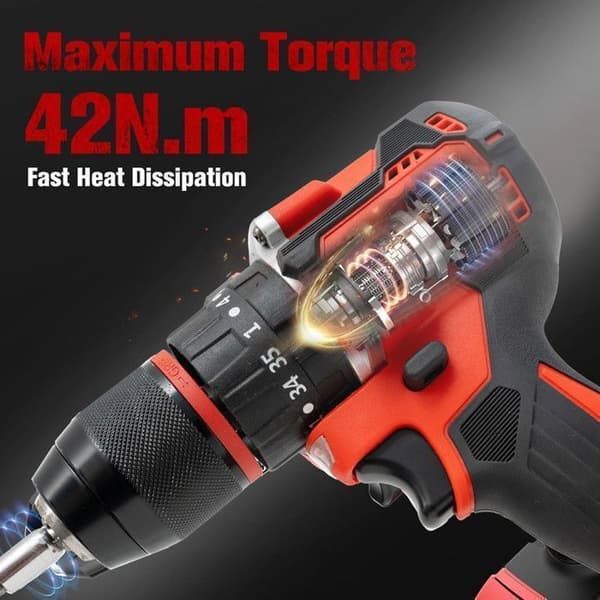 21V sladdlös borrmaskin OUTIGO-2*1500mAh batterier-500W Motor-LED-2 hastigheter-27 gör-det-själv-tillbehör