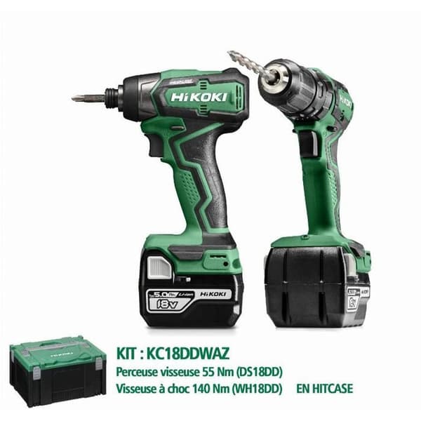 Kit 18V HIKOKI borrmaskin DS18DD + skruvmejsel WH18DD + 2 batterier 5Ah - KC18DDWAZ