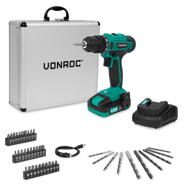VONROC Bore- / skruemaskine 20V | Inkl. 2.0Ah Akku, Oplader og 46 Tilbehør i Premium Kuffert