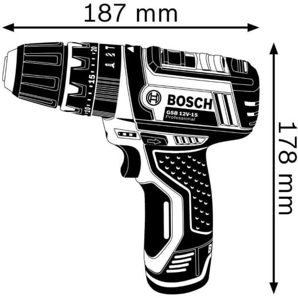Bosch Professional GSB 12V-15 borrhammare + 2 x 2,0Ah batterier + AL 12V-20 laddare - 06019B690H