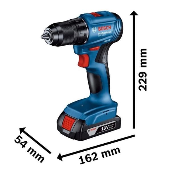 Bosch professionell GSR 18V-borrmaskin + 2 batterier 2,0Ah + laddare + 82 delar, i L-fodral