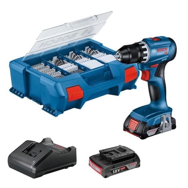 Bosch professionell GSR 18V-borrmaskin + 2 batterier 2,0Ah + laddare + 82 delar, i L-fodral