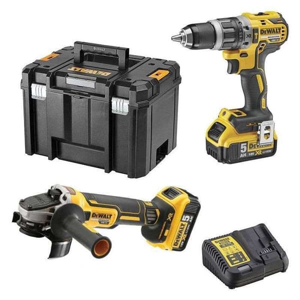 Paket med 2 18V XR-verktyg (DCD796 + DCG405) + 2 5Ah-batterier + laddare + T-STAK-låda - DEWALT