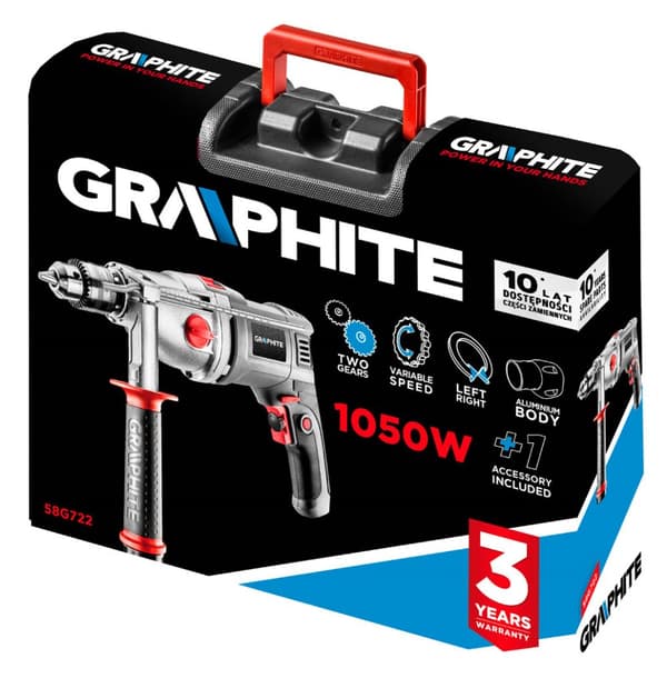 To-trins slagboremaskine 1050W, 13 mm nøglepatron, hastighed I: 1100, II: 3000 min⁻¹, kasse