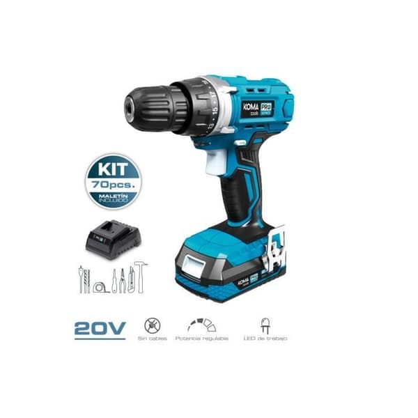Borrskruvdragare 20v med 70 tillbehör - Koma Tools - 2 variabla hastigheter - 10mm nyckellös chuck