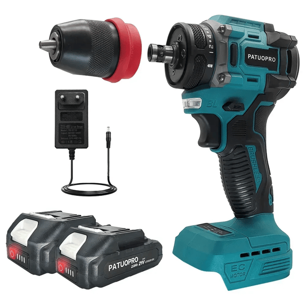 Trådløs elektrisk boremaskine, børsteløs motor, 10 mm chuckdiameter,2 stk. 2,0Ah batteri, EU