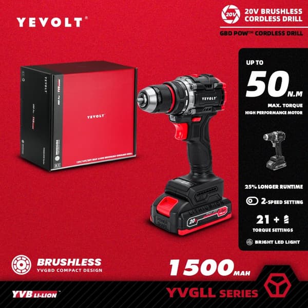 20V Sladdlös Borrmaskin, 50 N.m Max. Moment, 21+1 Momentinställningar,YVGBD20DU2P1X1