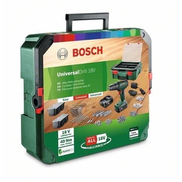 Perceuse à percussion Bosch UniversalImpact 18V PowerForAll (2 batterier 1,5 Ah + laddare + bits + 241 tillbehör)