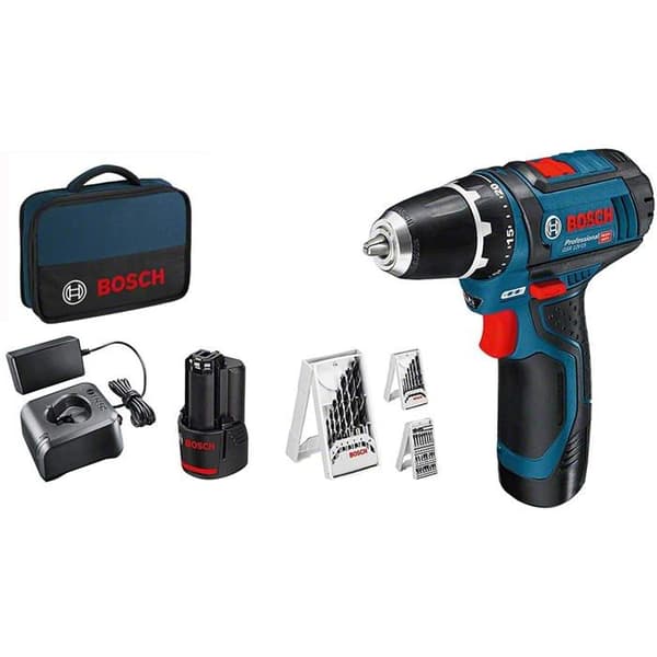 Bosch GSR 10,8V 2Ah 10,8 2-Li sladdlös borrmaskin 2 x 2Ah batterier + 39 Bosch tillbehör + tygpåse