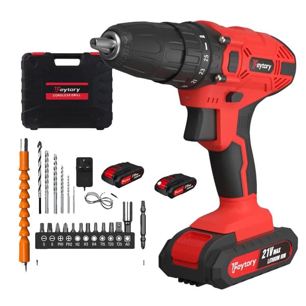 21V Sladdlös Borrmaskin, 45NM Vridmoment, 2 Växlar,2 Batteri-Röd