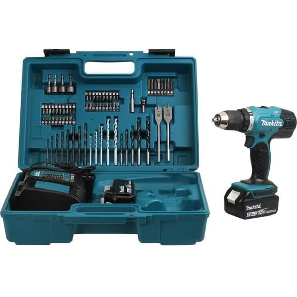 Makita borrskruvdragare - 2 batterier 18V 3.0Ah + Laddare + Tillbehörskit 74 delar - DDF453SFX1
