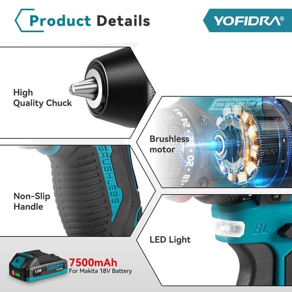 YOFIDRA Borstlös Elektrisk Borrskruvdragare Sladdlös Effektiv Slagborrmaskin Elverktyg