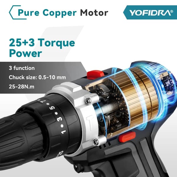 YOFIDRA Sladdlös Elektrisk Slagborr Skruvdragare Effektiv Träbearbetning DIY Hushållsverktyg med 24 st Tillbehör och 2 batterier
