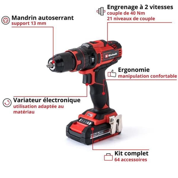 Sladdlös slagborrskruvmejsel - Einhell - TE-CD 18/40 Li-i +64 - 2 hastigheter - 2 Li-ion 2.0Ah batterier