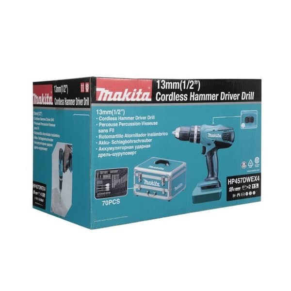 MAKITA 18V slagborrskruvdragare + 2 st 1,3Ah batterier + laddare + ALU box - HP457DWEX4