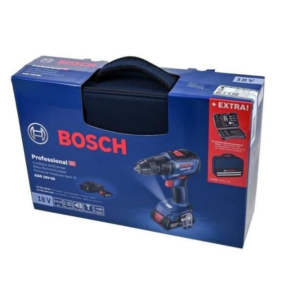 Perceuse-visseuse Bosch Professional GSR 18V-50 + 2 batterier 2,0Ah + laddare GAL 18V-20 + 43 tillbehör + väska