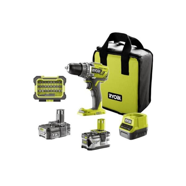 RYOBI One+ 18V borrskruvdragare - 1 4,0 Ah batteri - 1 1,5 Ah batteri - 1 laddare - 1 tillbehörslåda - R18DD3-2415BSA31