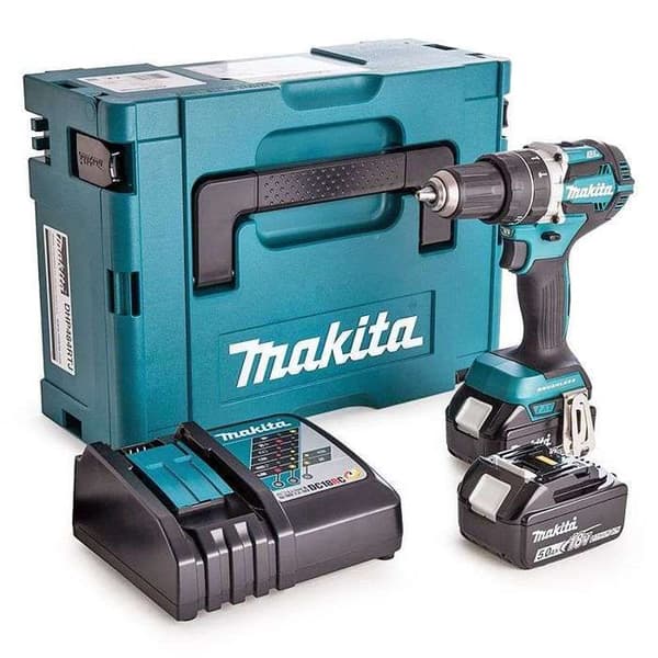 18V slagborrmaskin + 2 5Ah batterier + laddare + MAKPAC box - MAKITA - DHP484RTJ