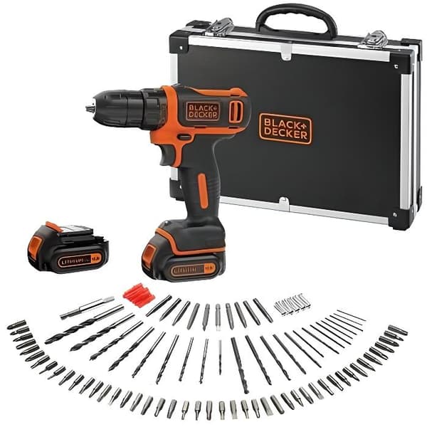 BLACK &amp; DECKER 10,8V sladdlös borrmaskin/skruvdragare, 2 batterier, 100 tillbehör och metallväska