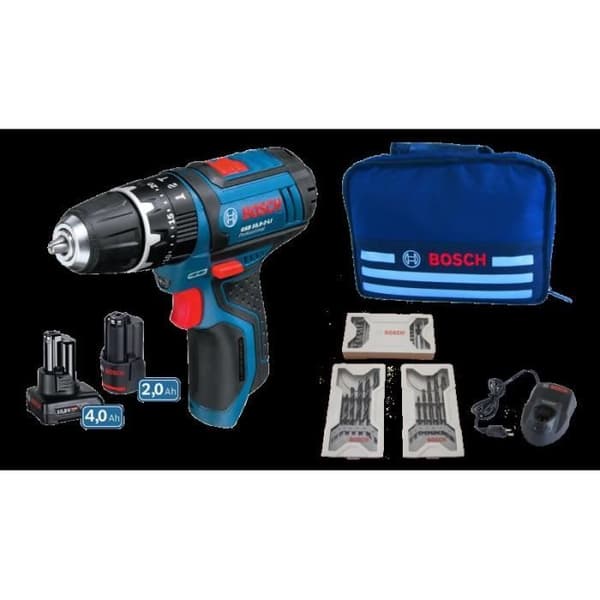 Bosch Professional GSR 12V-15 borrmaskin + 2 batterier 4Ah & 2Ah + laddare + 39 tillbehör + väska