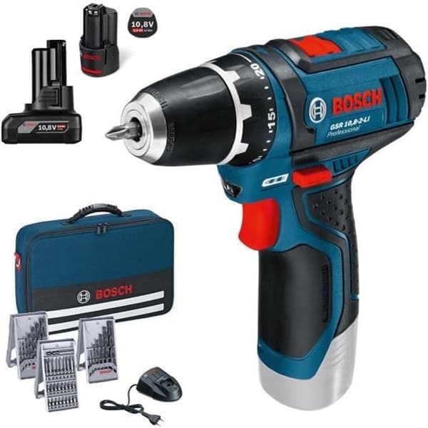 Bosch Professional GSR 12V-15 borrmaskin + 2 batterier 4Ah &amp; 2Ah + laddare + 39 tillbehör + väska