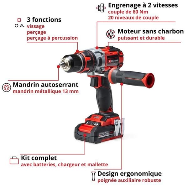 Einhell Professional Borrskruvdragare TP-CD 18 Li-i BL Power X-Change (18V) Levereras med 2 Batterier 2,0Ah och Laddare