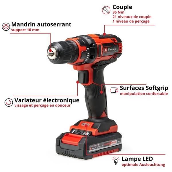 Einhell Borrskruvdragare utan sladd TC-CD 18/35 Li (1x1,5 Ah) Power X-Change (18V, 35Nm moment) Levereras med batteri 1,5Ah och laddare