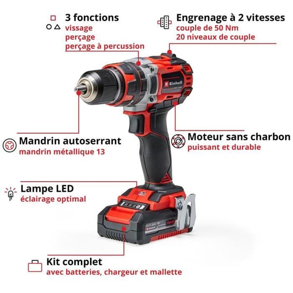 Einhell Professional Borrskruvdragare TP-CD 18/50 Li-i BL Power X-Change (18V) Levereras med 2 Batterier 2Ah och Laddare