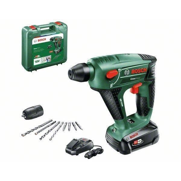 Bosch 18V sladdlös 0,6J slagborrmaskin - Uneo Maxx -SDS, 1 x 2,5 Ah batteri, 1 x AL1830CV laddare, väska, tillbehör (borr, bits)