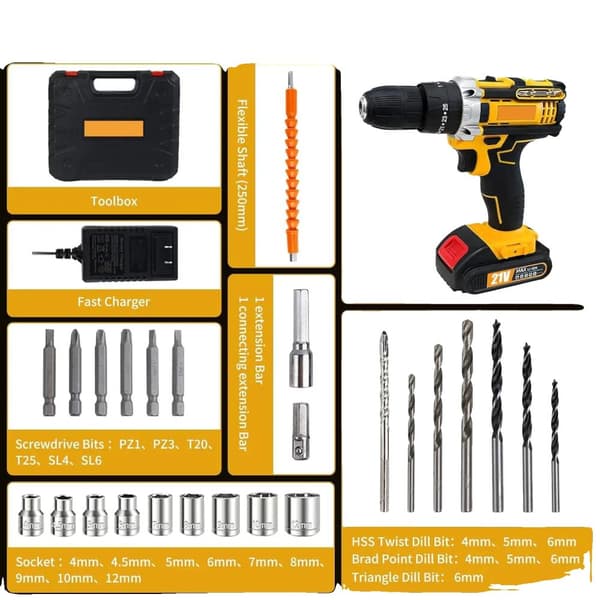 Batteridriven Elektrisk Borr, 18-24V, 45 Nm Vridmoment,Med 2XBatteri