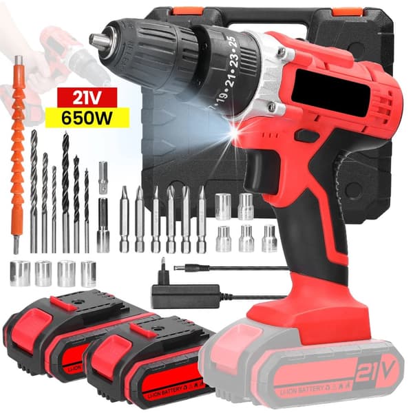 Elektrisk Boremaskine, 21V Strøm, 650W Ydelse,Med 2XBatteri