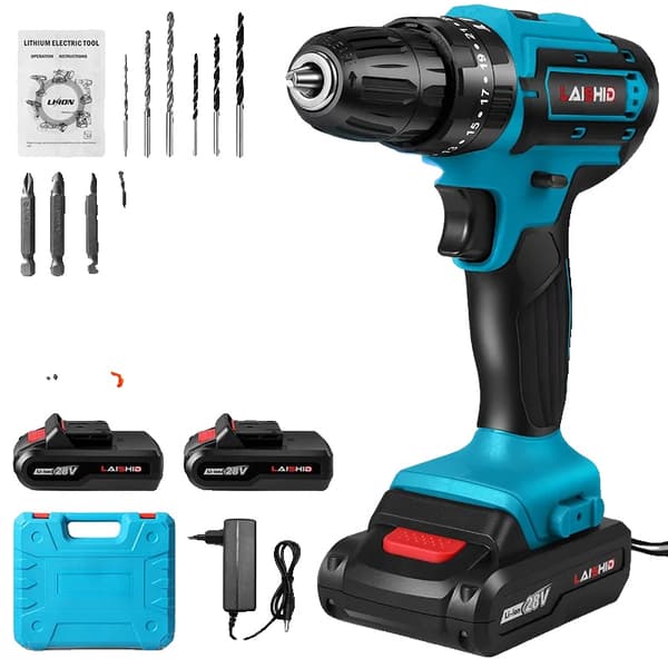 Trådløs Skruetrækker, 28V Slag, 1350rpm Hastighed, Inkluderer Boremaskine Bits,Blå Med 2 Batteri